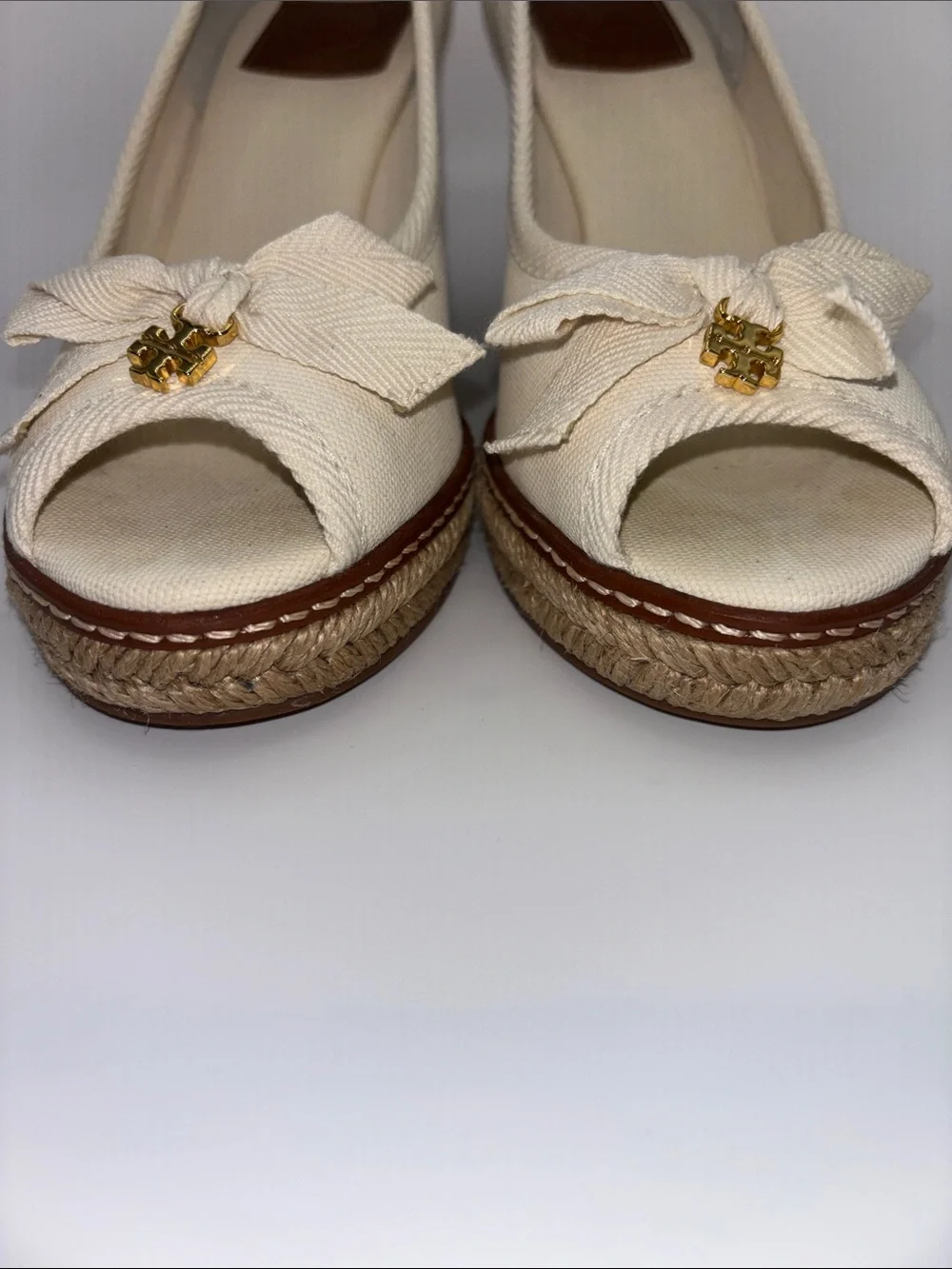 Tory Burch Cream Canvas Peep-Toe Espadrille Wedges with Gold Logo Charm